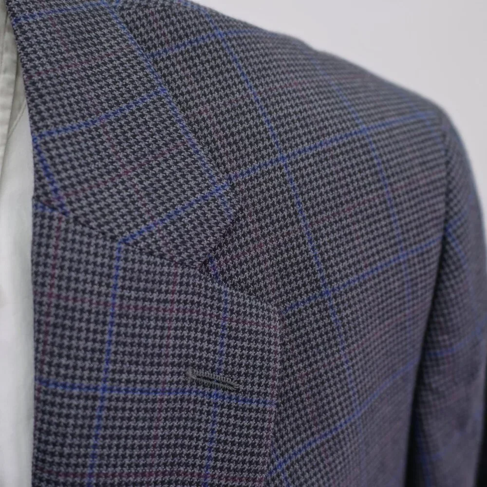 Jos‎ A Bank Regal Fit Wool Gray Black Houndstooth W/ Purple Blue Windowpane 50L